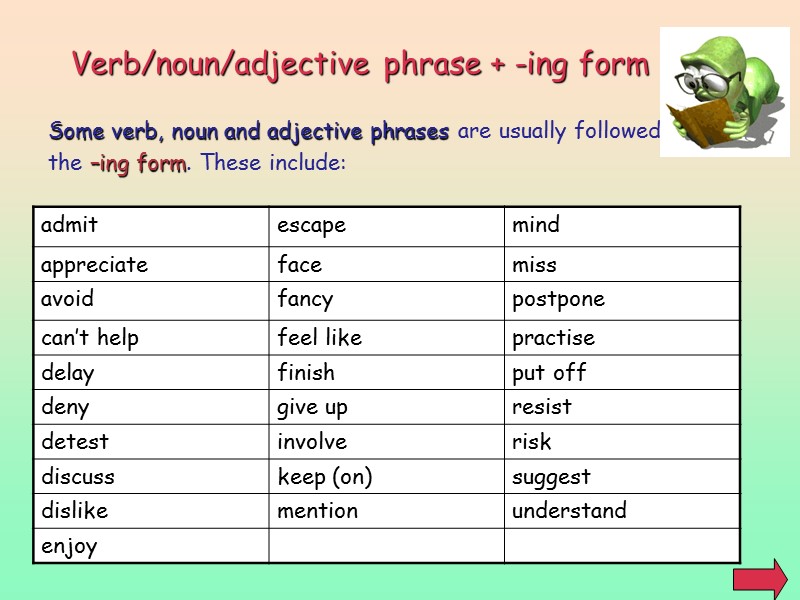 Verb/noun/adjective phrase + -ing form Some verb, noun and adjective phrases are usually followed
